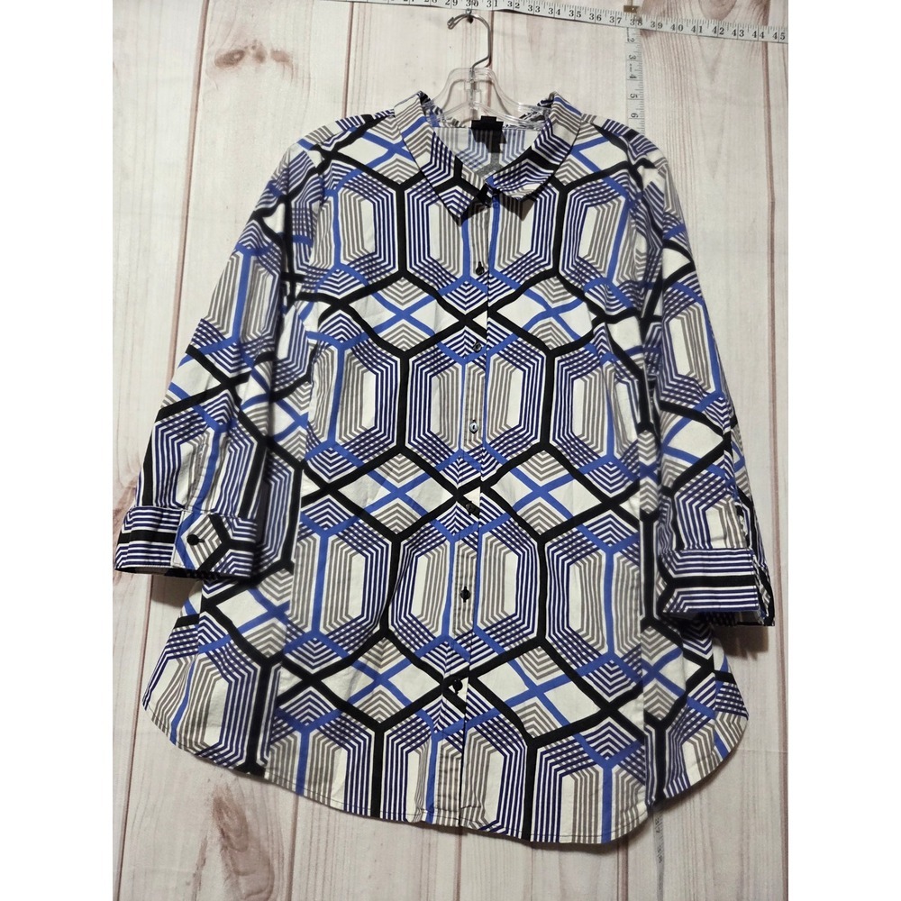 Ladies 3x Geometric Print Tunic Blouse Top Button Down Long‎ Sleeve Patterned